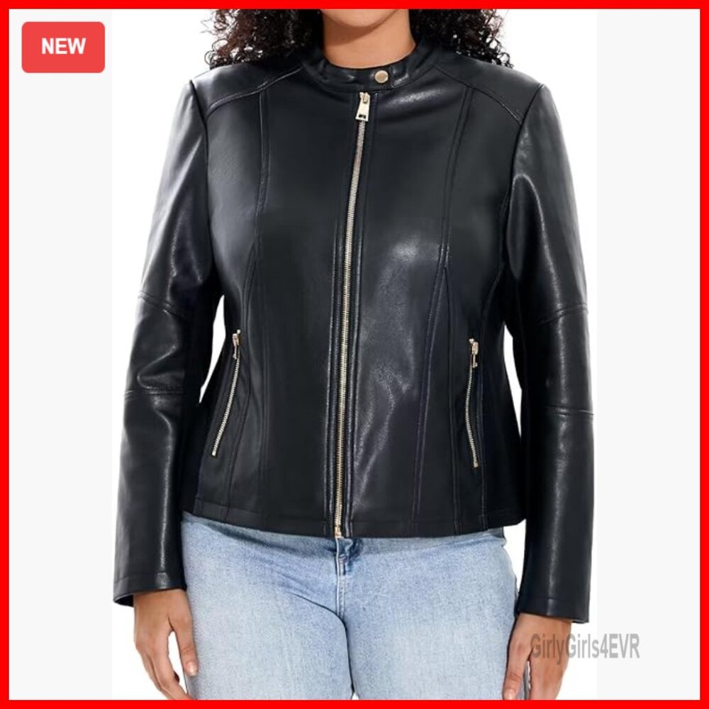 Plus Size Faux Leather Motorcycle Jacket with Stretch Sleeves Zip Up